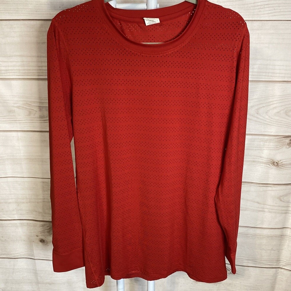 ZYIA Active Laser Cut Pullover T-Shirt‎ Top XL Red Long Sleeve Stretch Workout